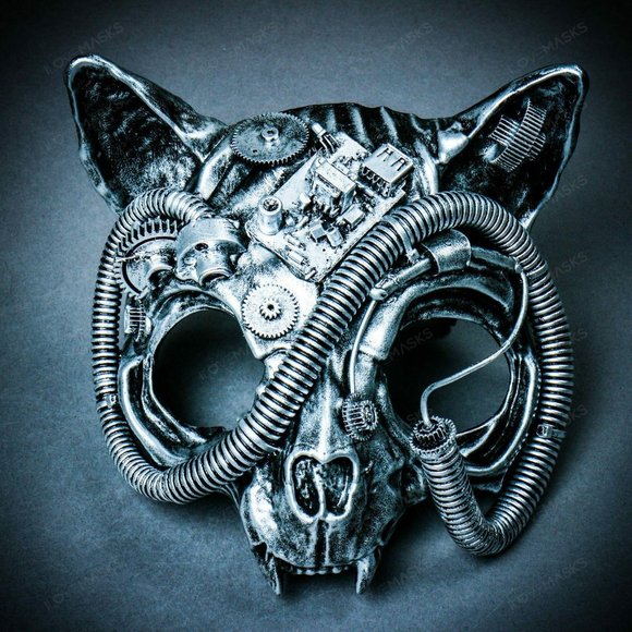 Silver Steampunk Vampire Skull Cat Face Party Mask - Picture 2 of 8